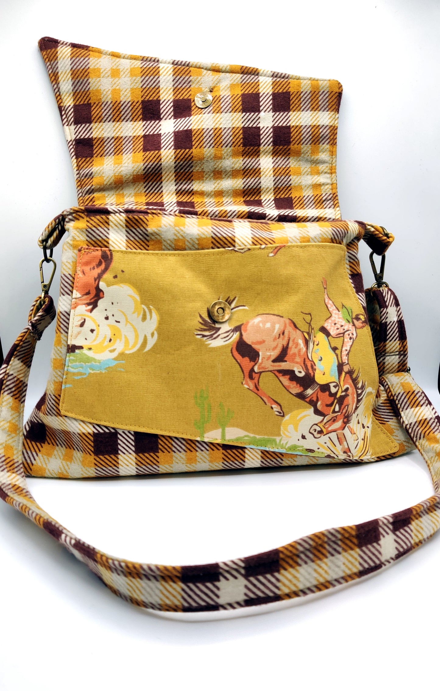 Handmade Western Handbag (9" x 14"), featuring Rodeo print on mustard yellow and brown plaid