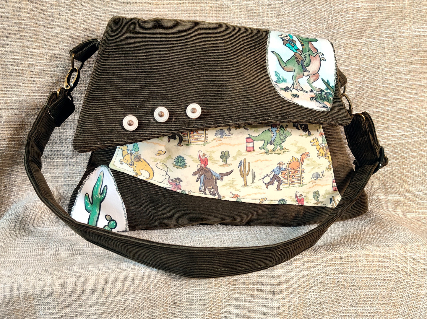Handmade Western Handbag (9" x 14"), featuring Jurassic Rodeo print on Olive Green Corduroy