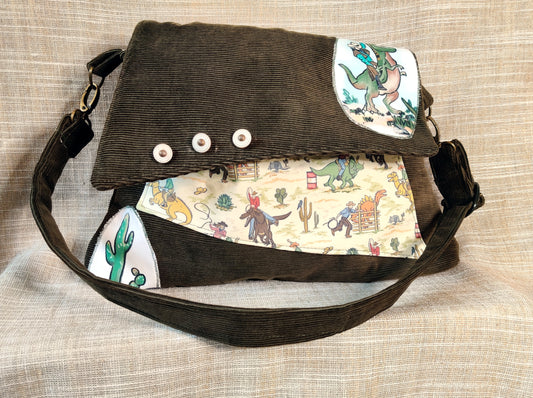 Handmade Western Handbag (9" x 14"), featuring Jurassic Rodeo print on Olive Green Corduroy