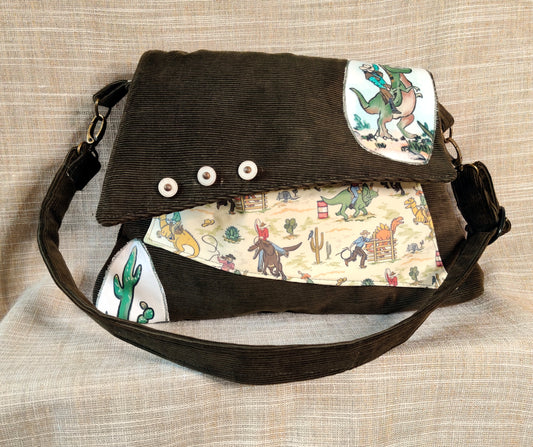 Handmade Western Handbag (9" x 14"), featuring Jurassic Rodeo print on Olive Green Corduroy