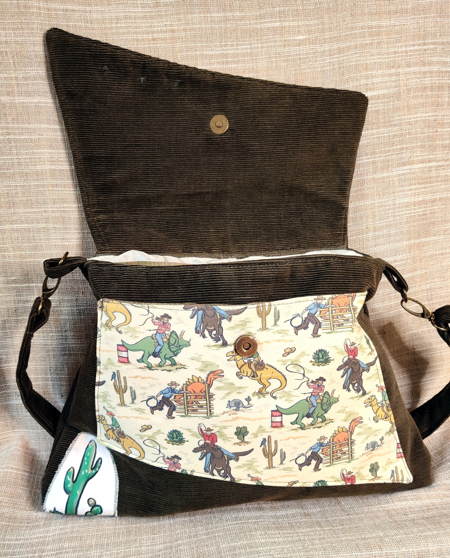 Handmade Western Handbag (9" x 14"), featuring Jurassic Rodeo print on Olive Green Corduroy