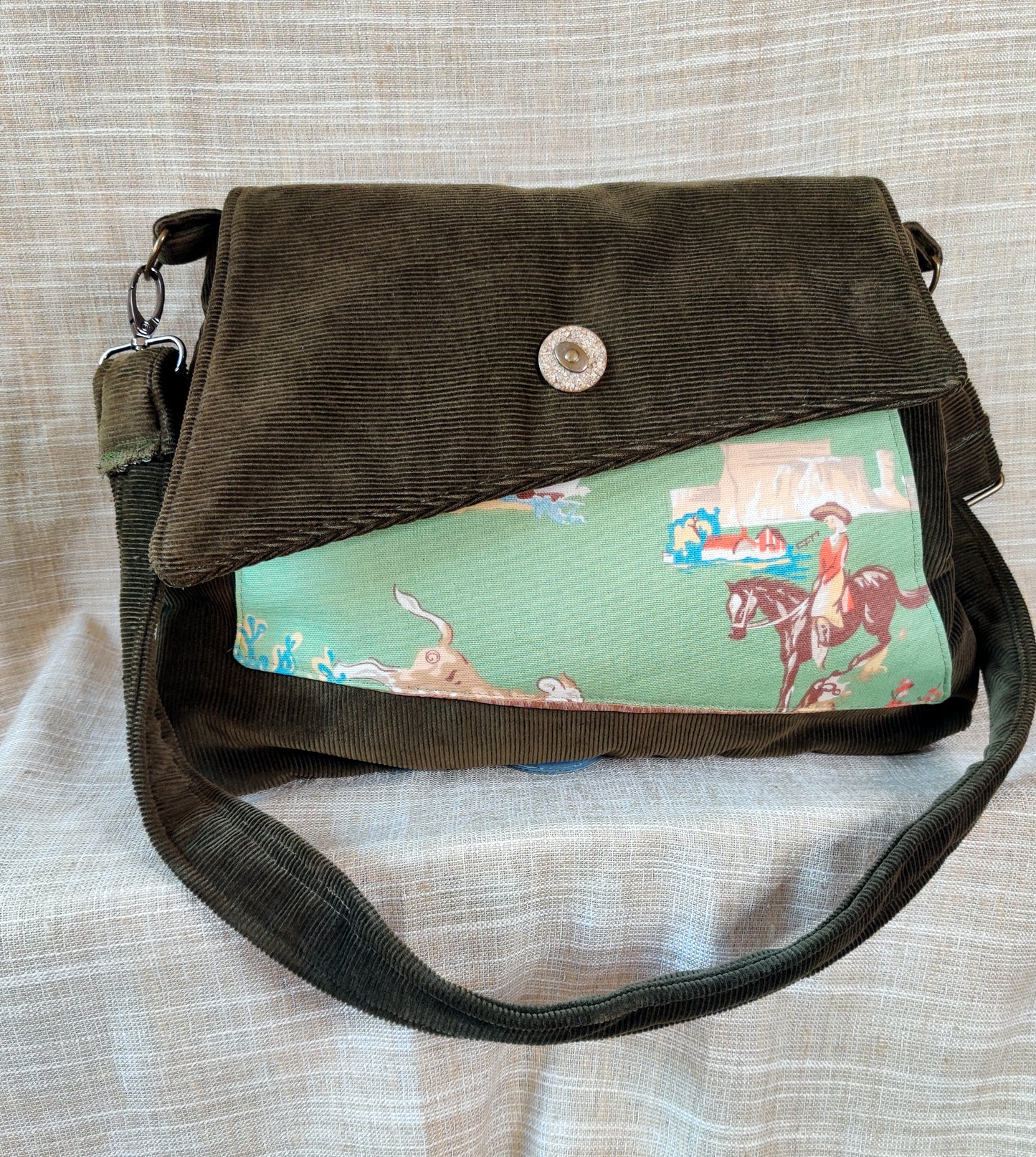 Handmade Western Handbag (9" x 14"), featuring Rodeo Print on Olive Green Corduroy