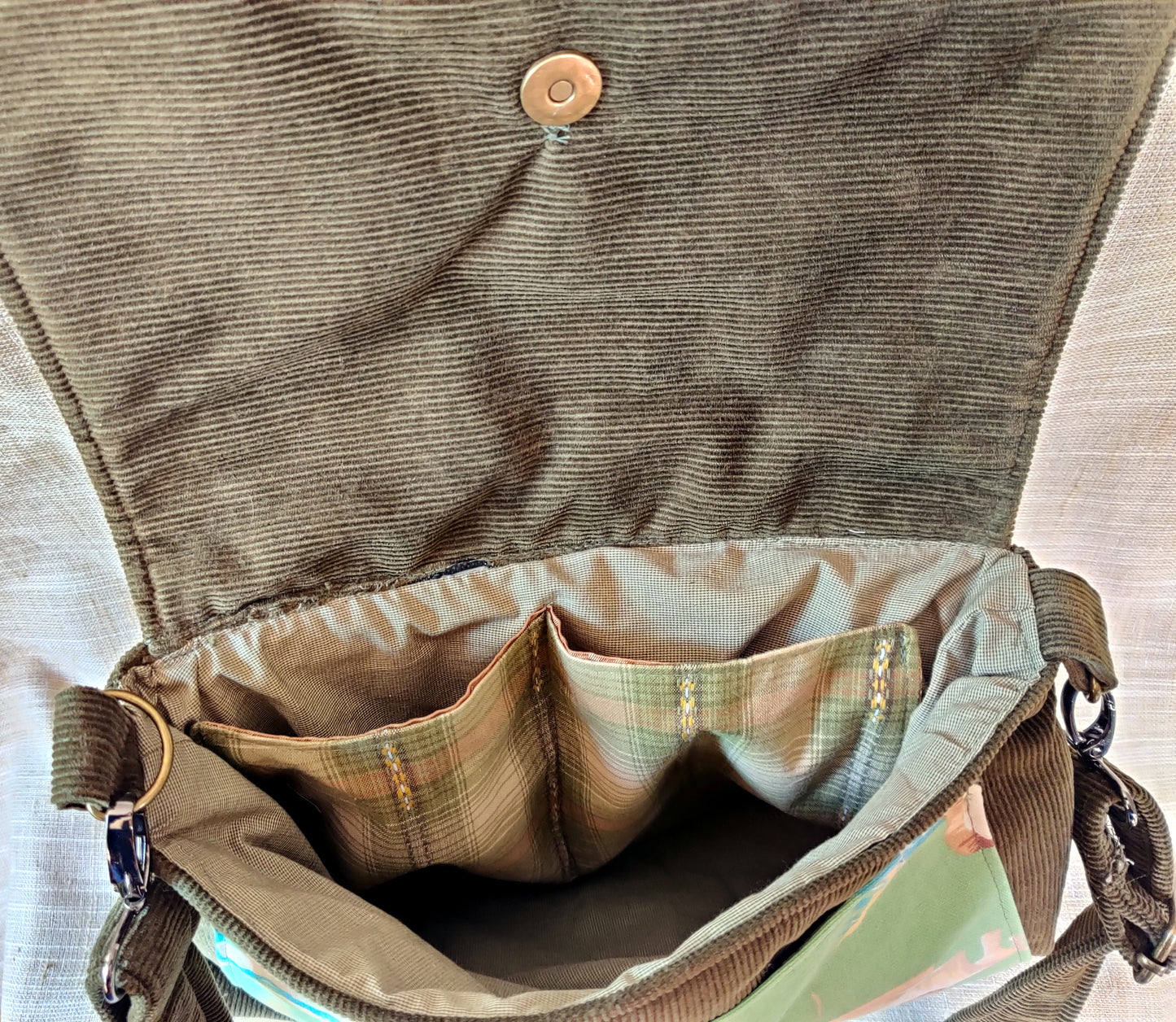 Handmade Western Handbag (9" x 14"), featuring Rodeo Print on Olive Green Corduroy