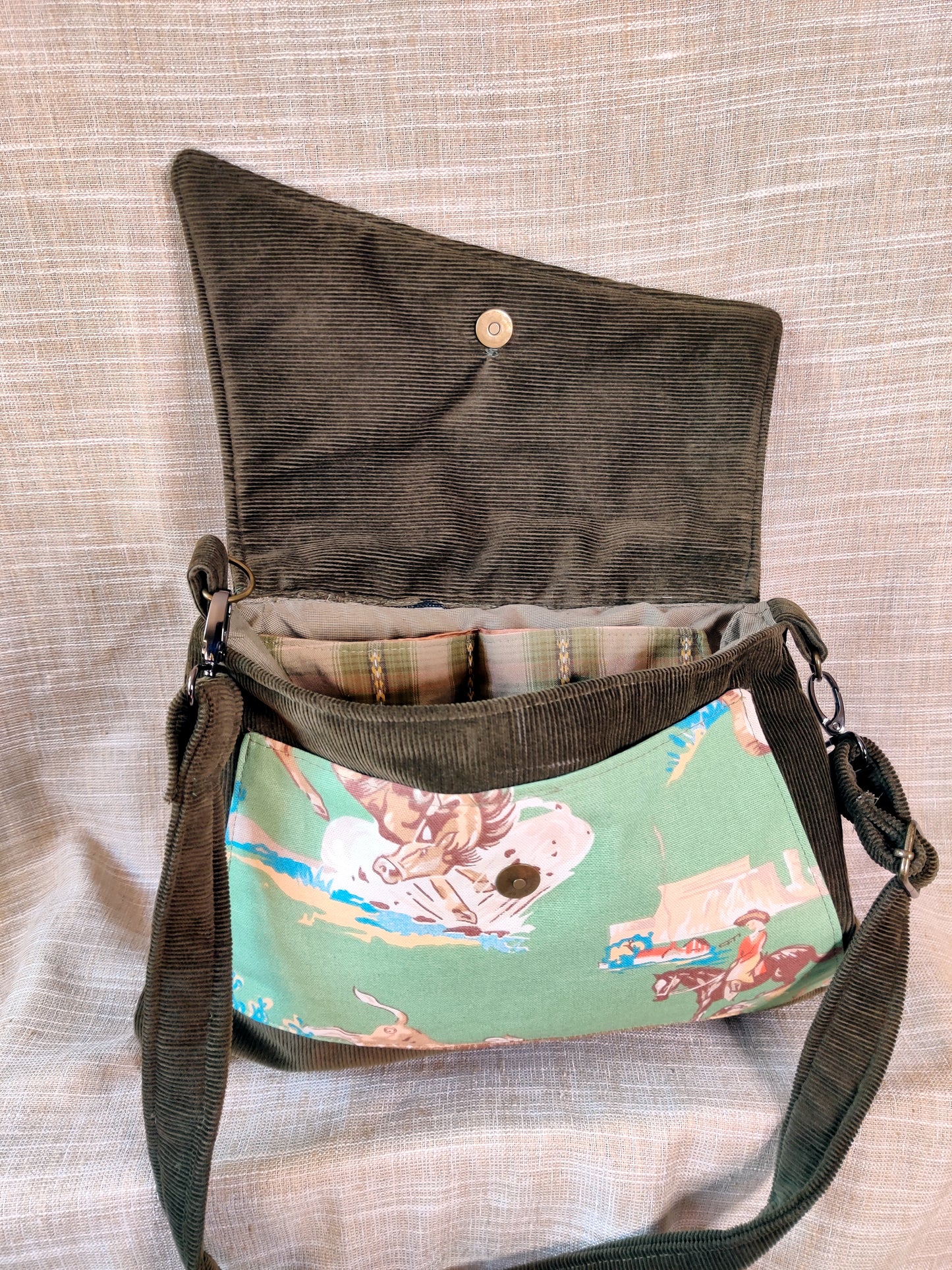 Handmade Western Handbag (9" x 14"), featuring Rodeo Print on Olive Green Corduroy