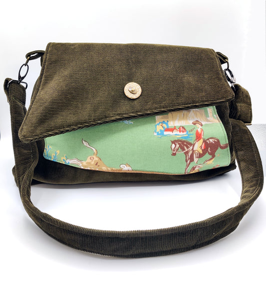 Handmade Western Handbag (9" x 14"), featuring Rodeo Print on Olive Green Corduroy