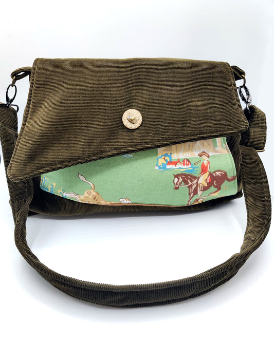 Handmade Western Handbag (9" x 14"), featuring Rodeo Print on Olive Green Corduroy