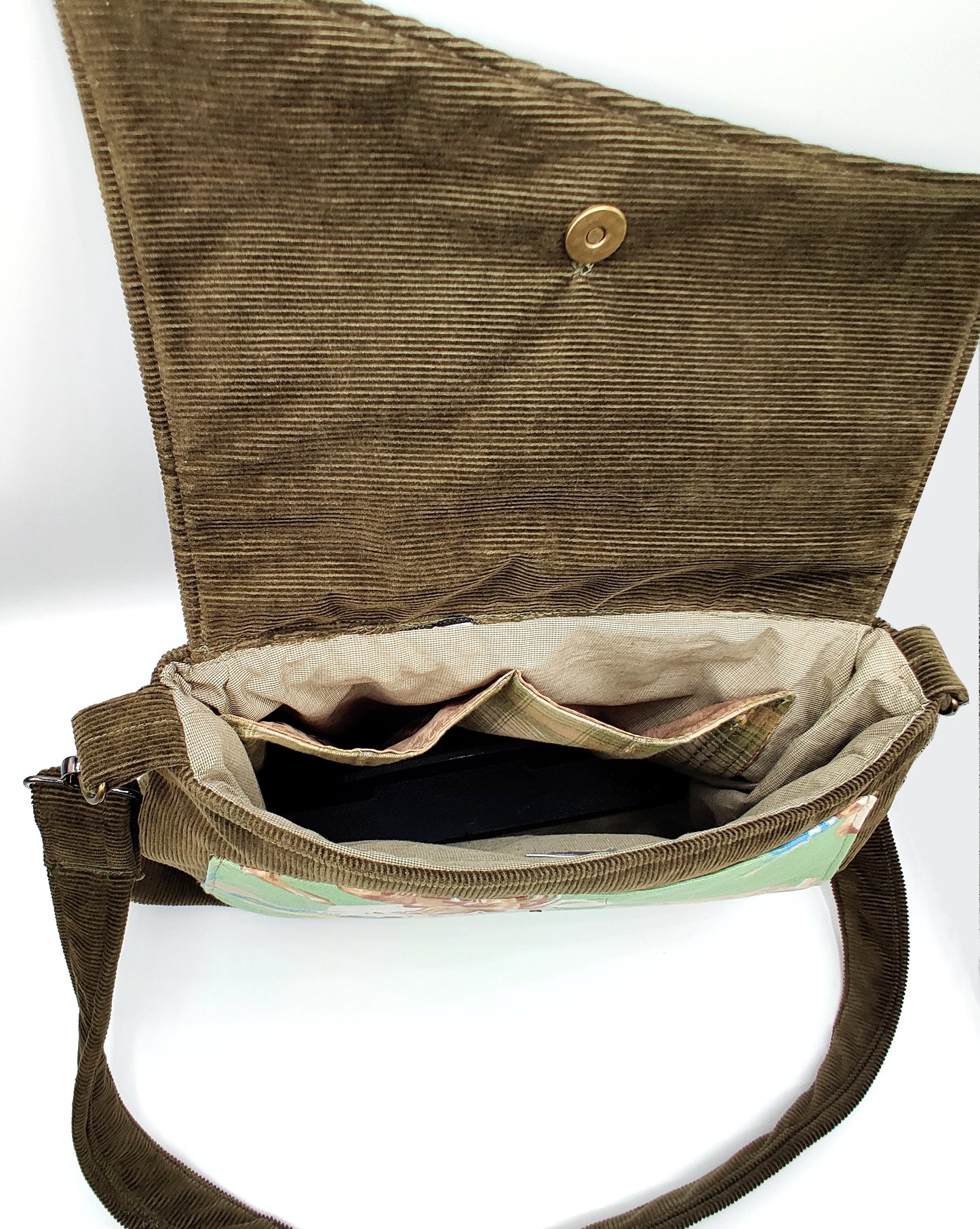 Handmade Western Handbag (9" x 14"), featuring Rodeo Print on Olive Green Corduroy