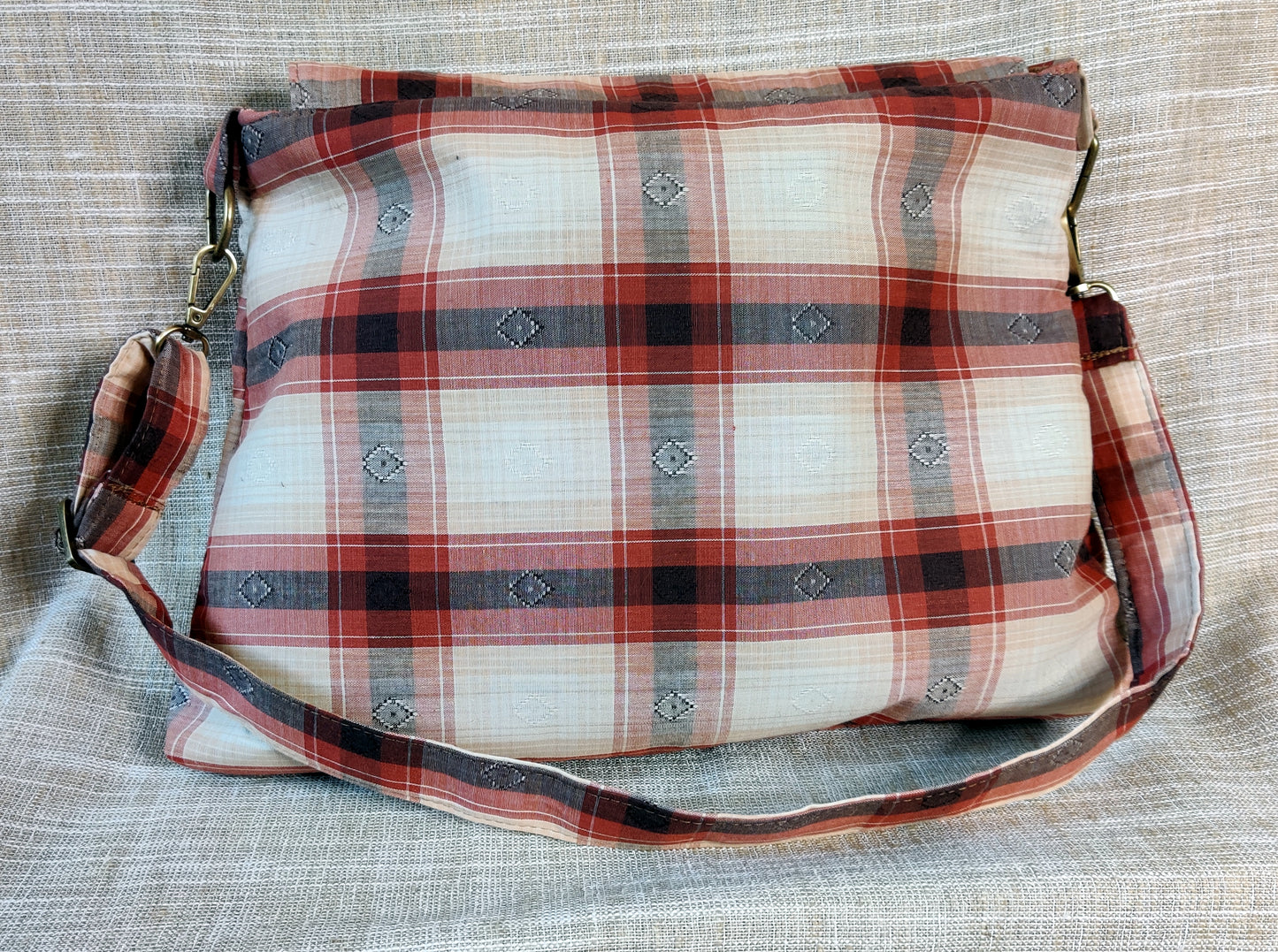 Handmade Western Handbag (9" x 14"), featuring guitar print on orange, brown, and cream plaid