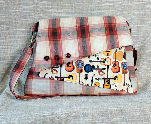 Handmade Western Handbag (9" x 14"), featuring guitar print on orange, brown, and cream plaid
