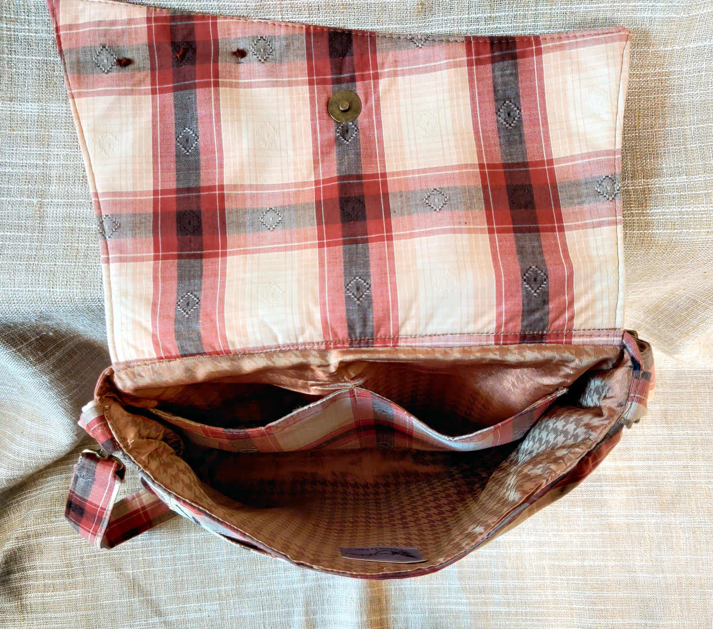Handmade Western Handbag (9" x 14"), featuring guitar print on orange, brown, and cream plaid