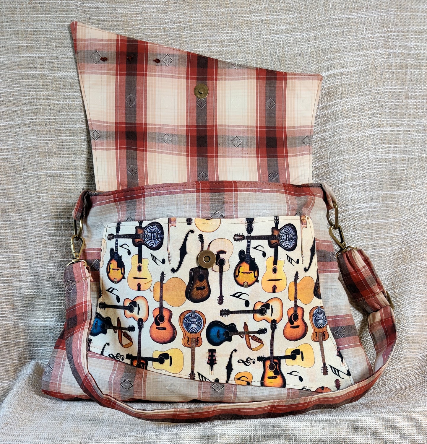 Handmade Western Handbag (9" x 14"), featuring guitar print on orange, brown, and cream plaid