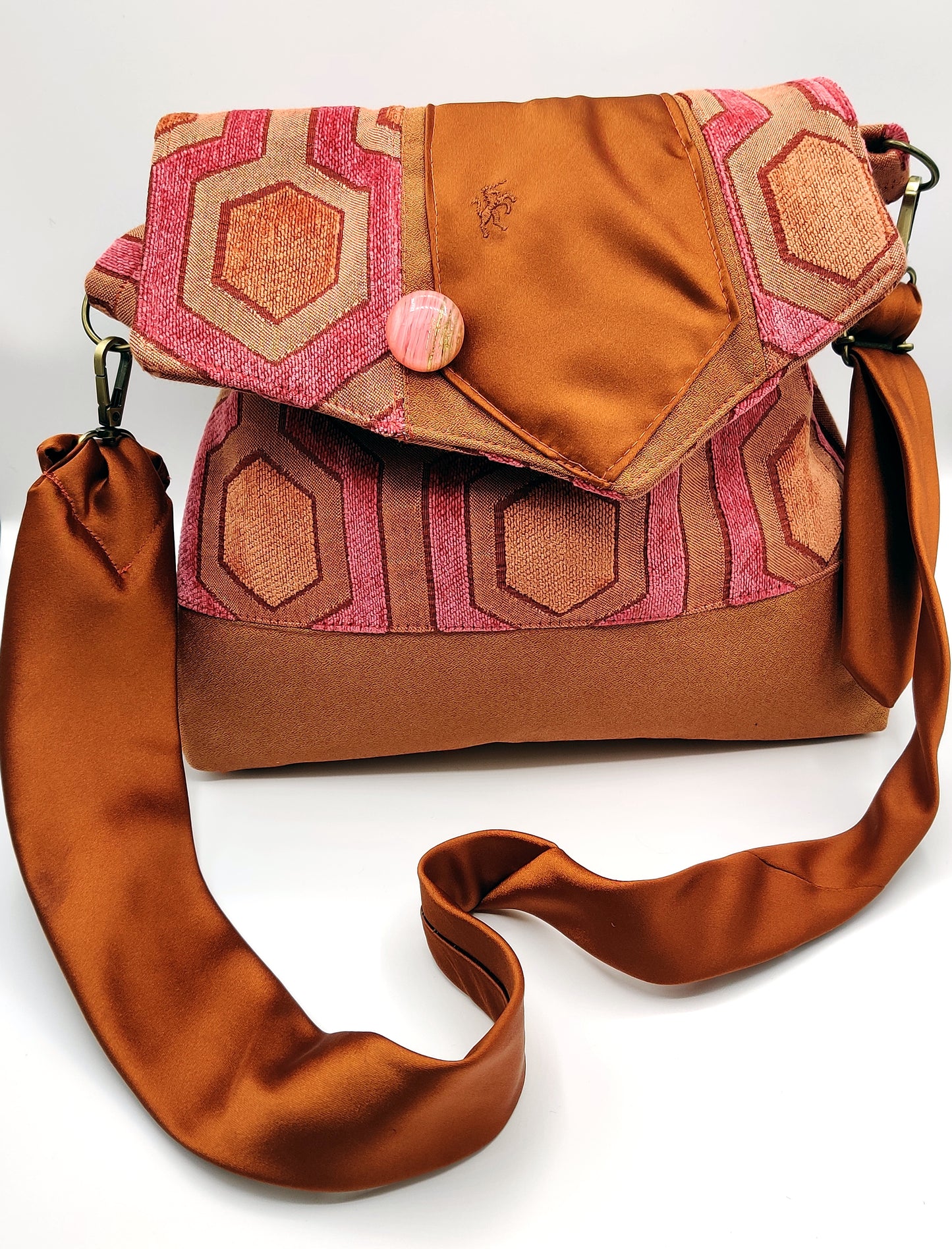 Handmade Messenger Bag (9" x 12"), featuring retro hexagon print fabric, vintage Bronzini tie strap