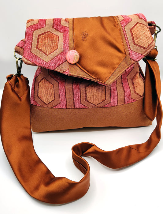 Handmade Messenger Bag (9" x 12"), featuring retro hexagon print fabric, vintage Bronzini tie strap