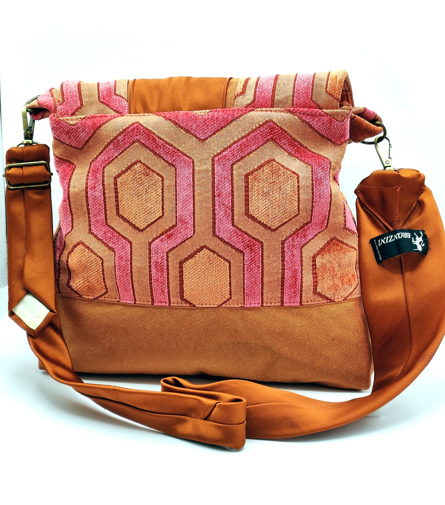 Handmade Messenger Bag (9" x 12"), featuring retro hexagon print fabric, vintage Bronzini tie strap