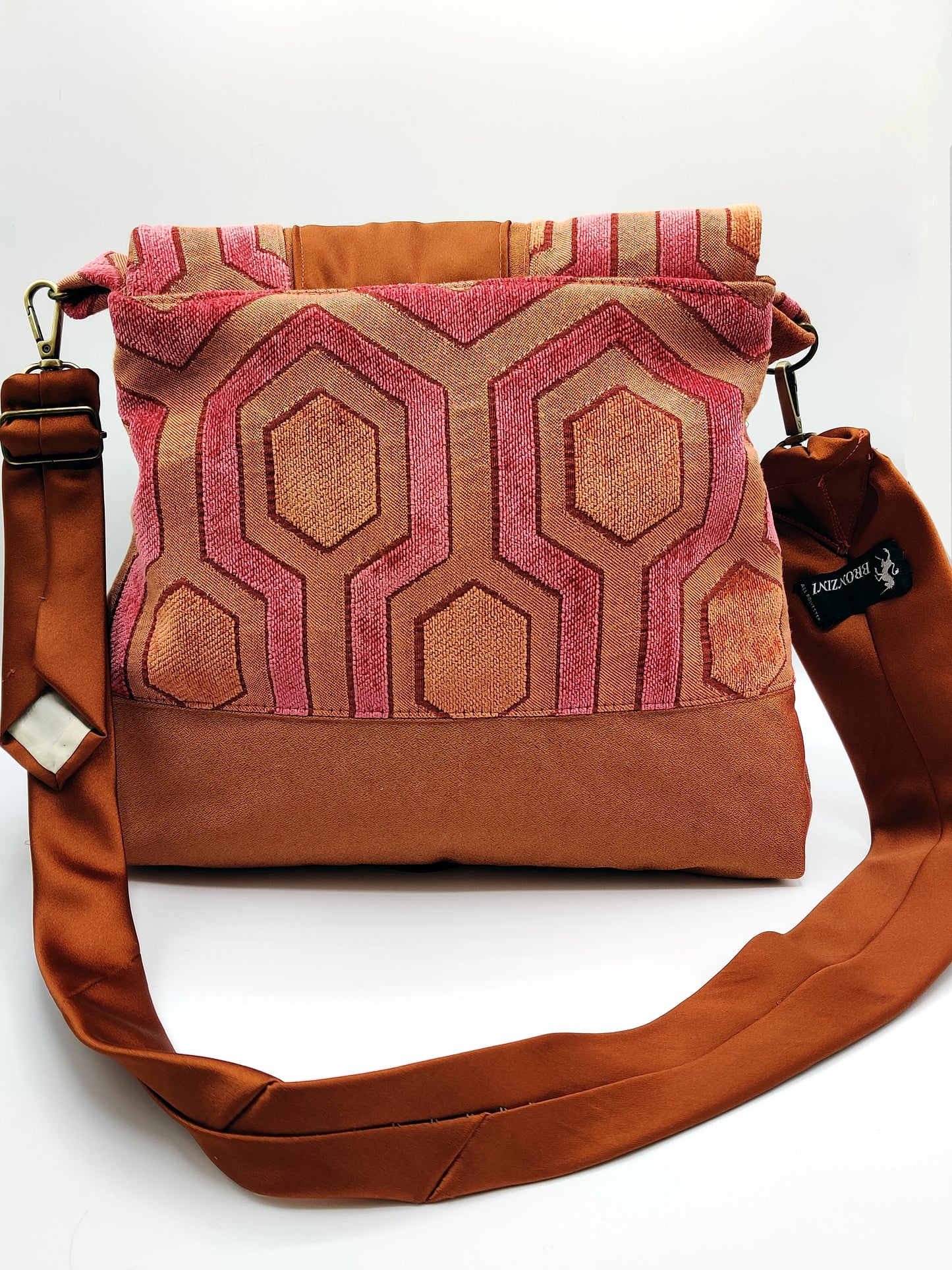 Handmade Messenger Bag (9" x 12"), featuring retro hexagon print fabric, vintage Bronzini tie strap