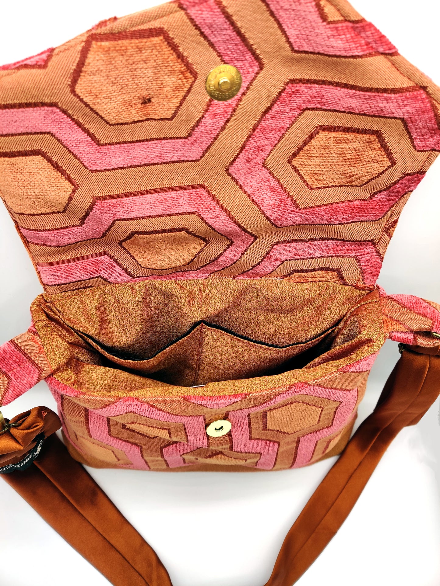 Handmade Messenger Bag (9" x 12"), featuring retro hexagon print fabric, vintage Bronzini tie strap