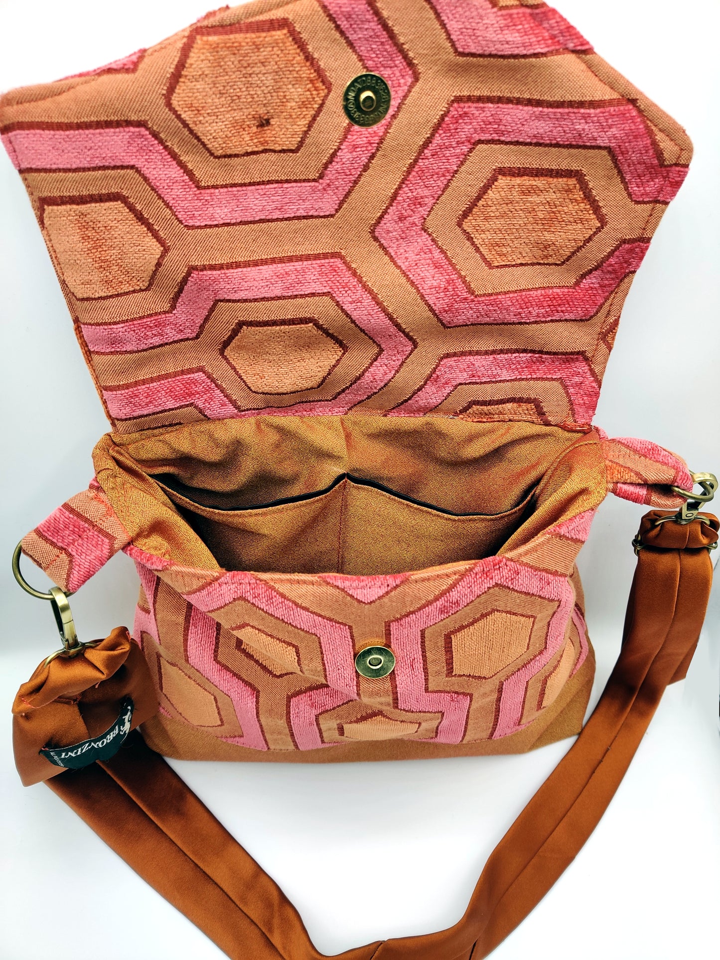 Handmade Messenger Bag (9" x 12"), featuring retro hexagon print fabric, vintage Bronzini tie strap