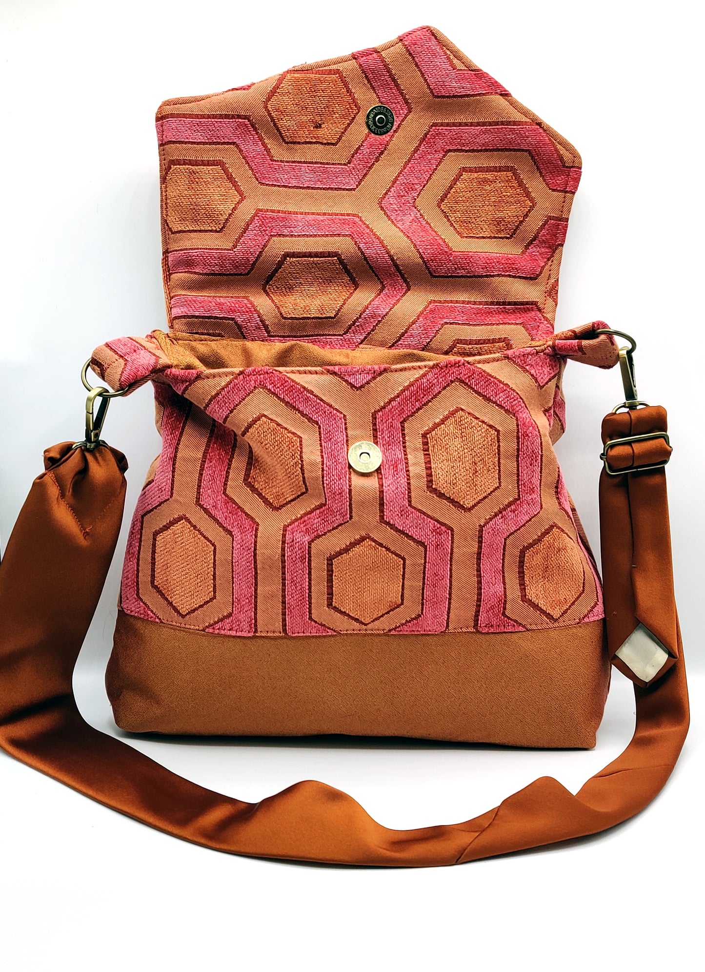 Handmade Messenger Bag (9" x 12"), featuring retro hexagon print fabric, vintage Bronzini tie strap