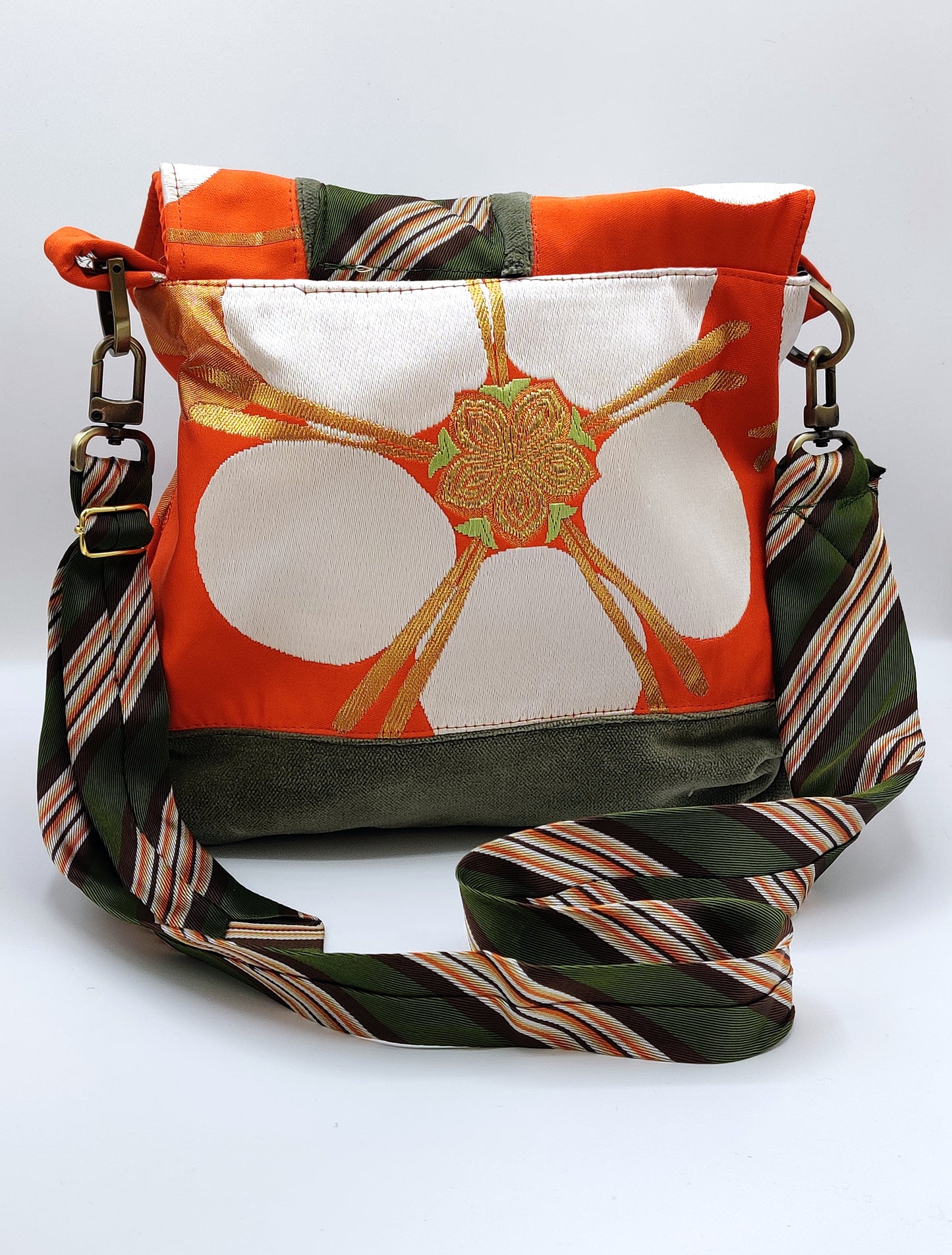 Handmade Messenger Bag (9" x 12"), featuring Japanese silk obi fabric with cherry blossoms, vintage tie strap