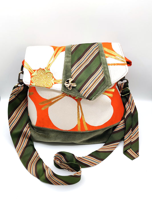 Handmade Messenger Bag (9" x 12"), featuring Japanese silk obi fabric with cherry blossoms, vintage tie strap