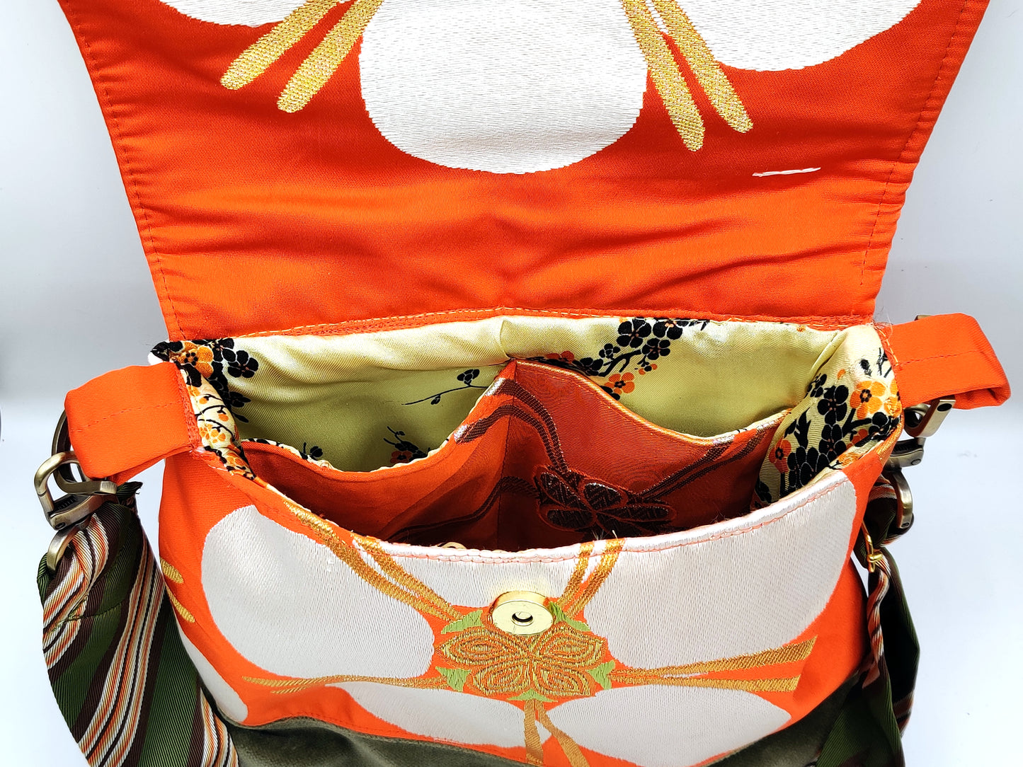 Handmade Messenger Bag (9" x 12"), featuring Japanese silk obi fabric with cherry blossoms, vintage tie strap