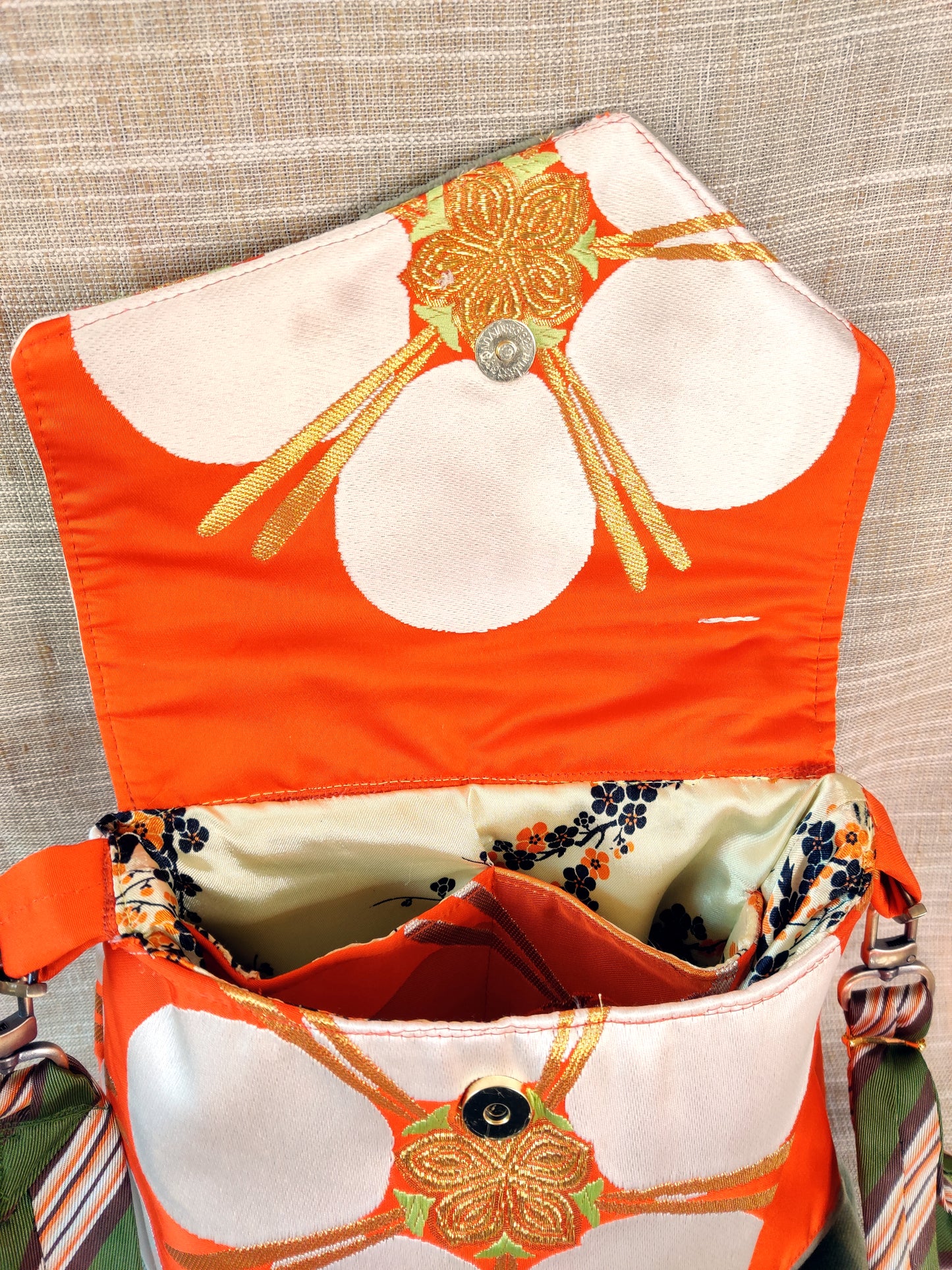Handmade Messenger Bag (9" x 12"), featuring Japanese silk obi fabric with cherry blossoms, vintage tie strap