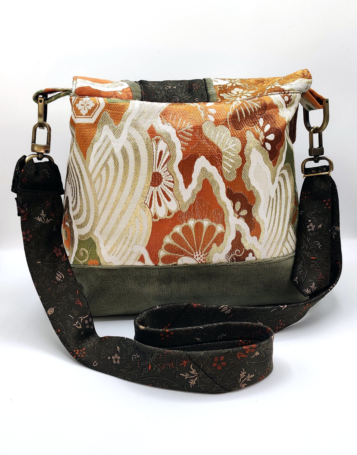 Handmade Messenger Bag (9" x 12"), featuring Japanese obi fabric, vintage Oscar de la Renta Tie strap