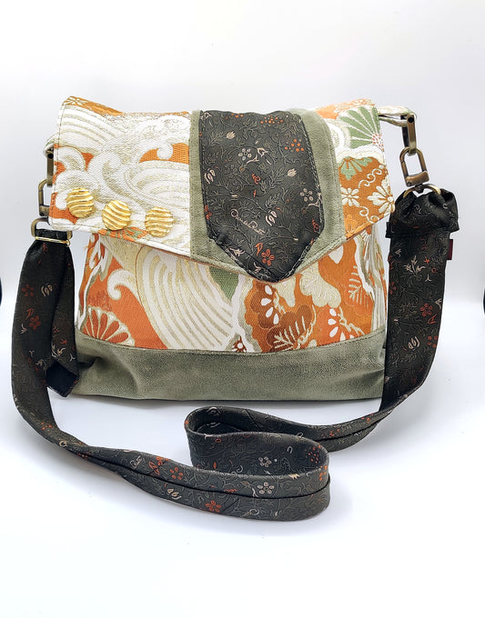 Handmade Messenger Bag (9" x 12"), featuring Japanese obi fabric, vintage Oscar de la Renta Tie strap