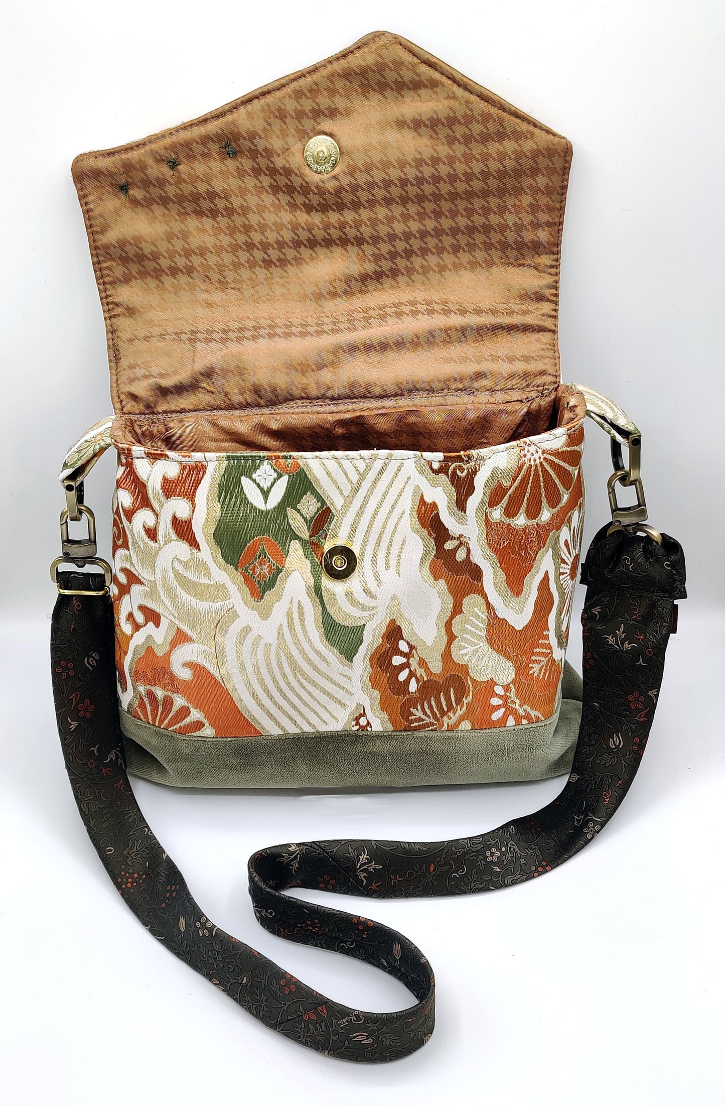 Handmade Messenger Bag (9" x 12"), featuring Japanese obi fabric, vintage Oscar de la Renta Tie strap