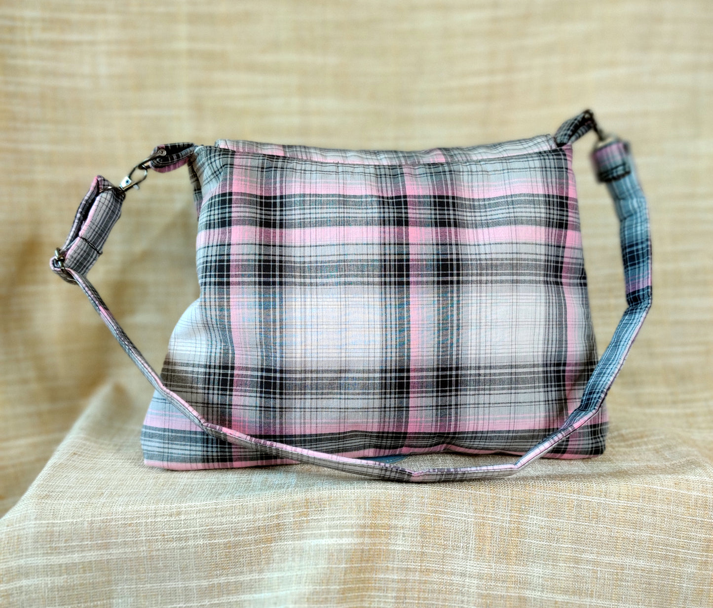 Handmade Western Handbag (9" x 14"), featuring Roping Sharks and Riding Seahorses print on pink and black plaid