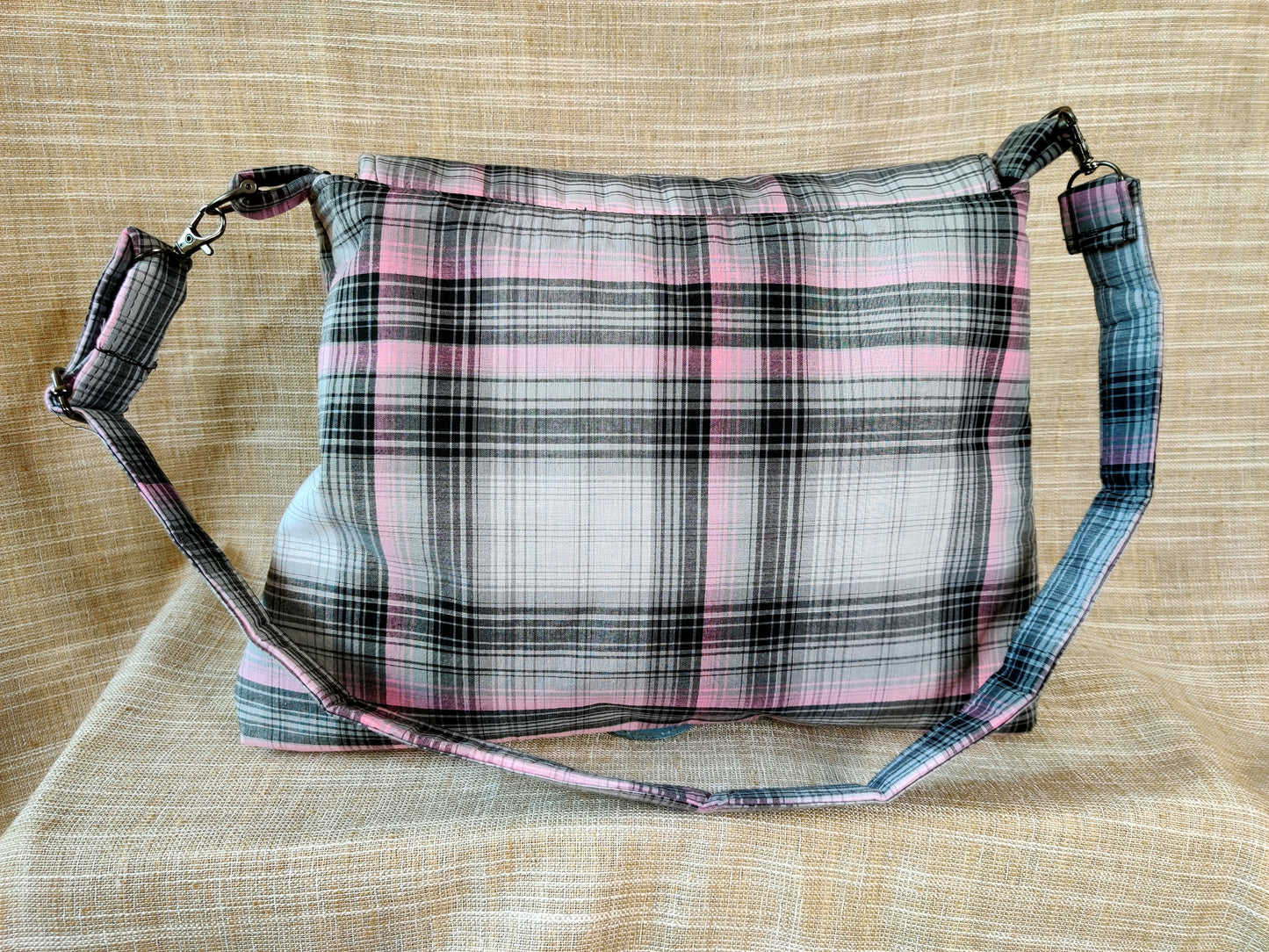Handmade Western Handbag (9" x 14"), featuring Roping Sharks and Riding Seahorses print on pink and black plaid