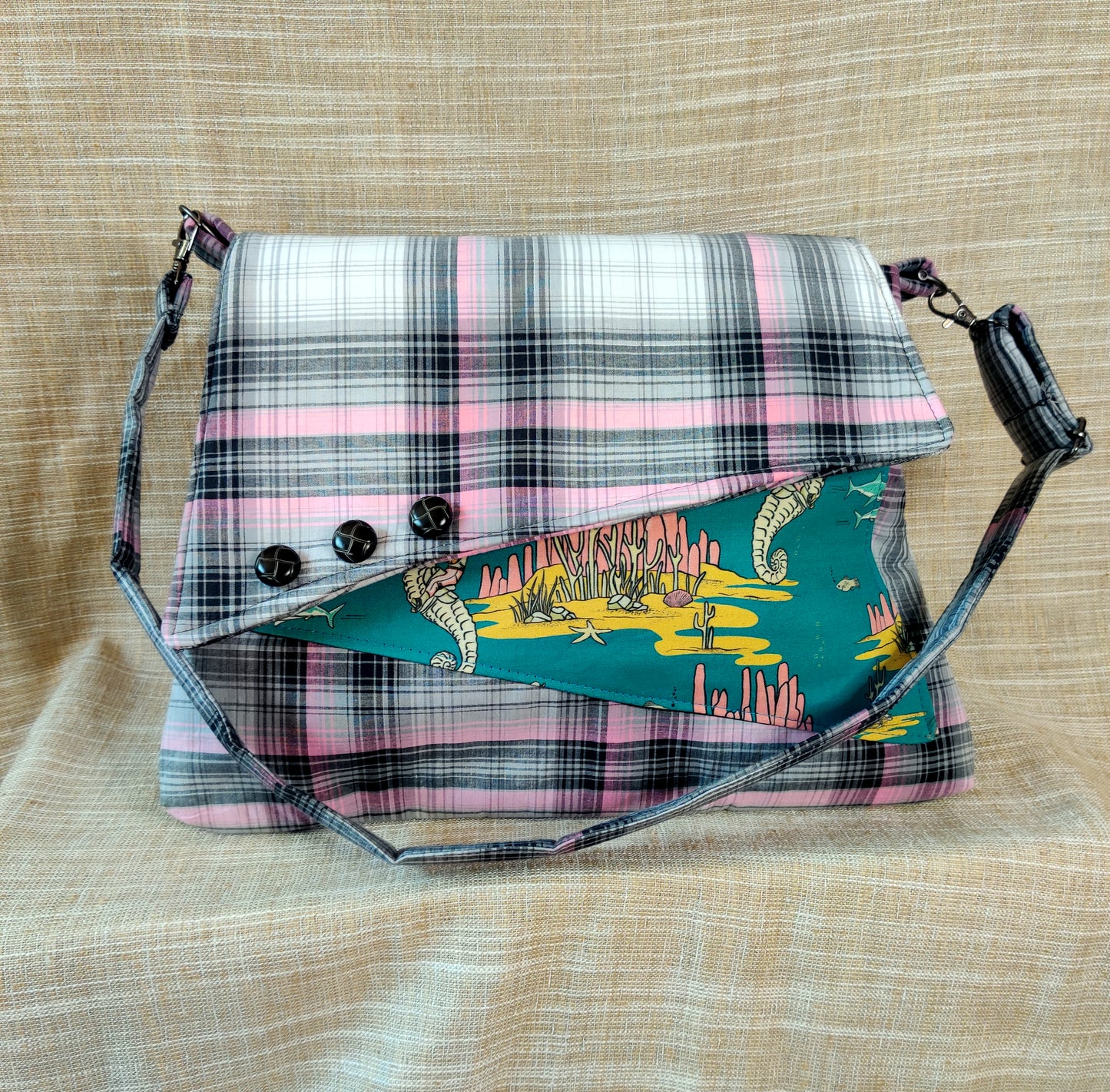 Handmade Western Handbag (9" x 14"), featuring Roping Sharks and Riding Seahorses print on pink and black plaid