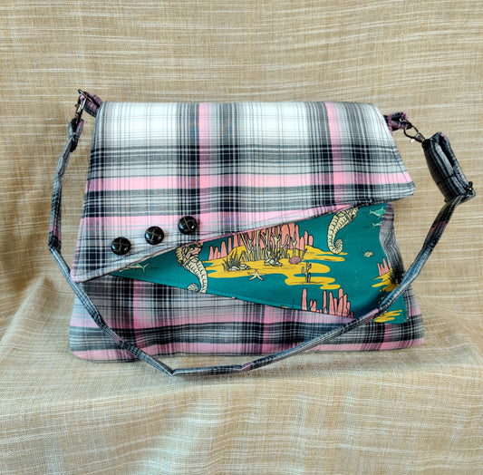 Handmade Western Handbag (9" x 14"), featuring Roping Sharks and Riding Seahorses print on pink and black plaid