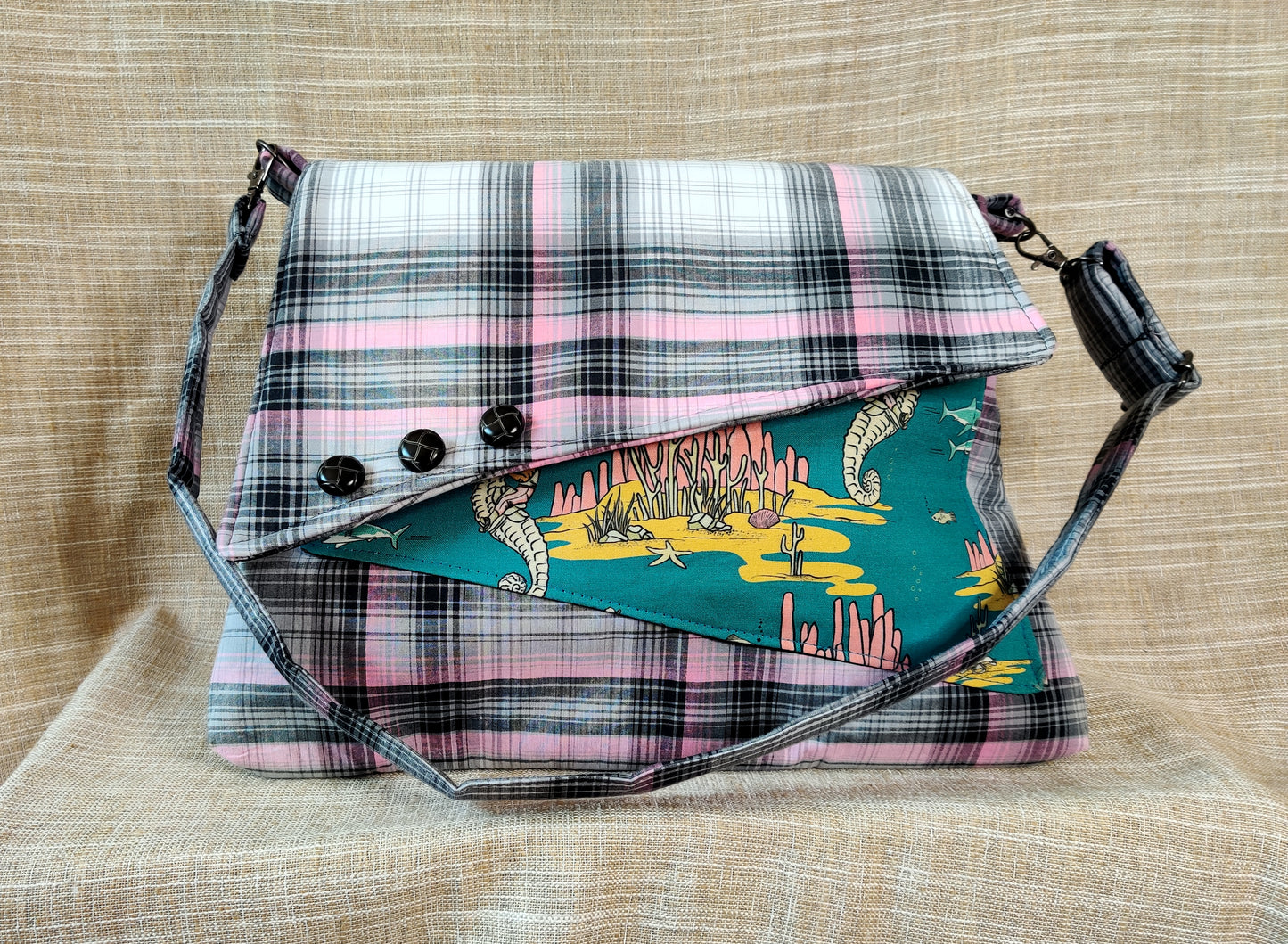Handmade Western Handbag (9" x 14"), featuring Roping Sharks and Riding Seahorses print on pink and black plaid