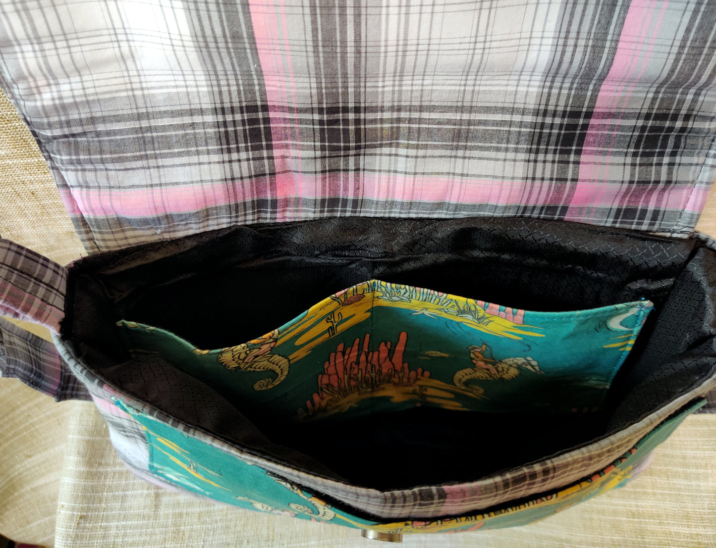 Handmade Western Handbag (9" x 14"), featuring Roping Sharks and Riding Seahorses print on pink and black plaid