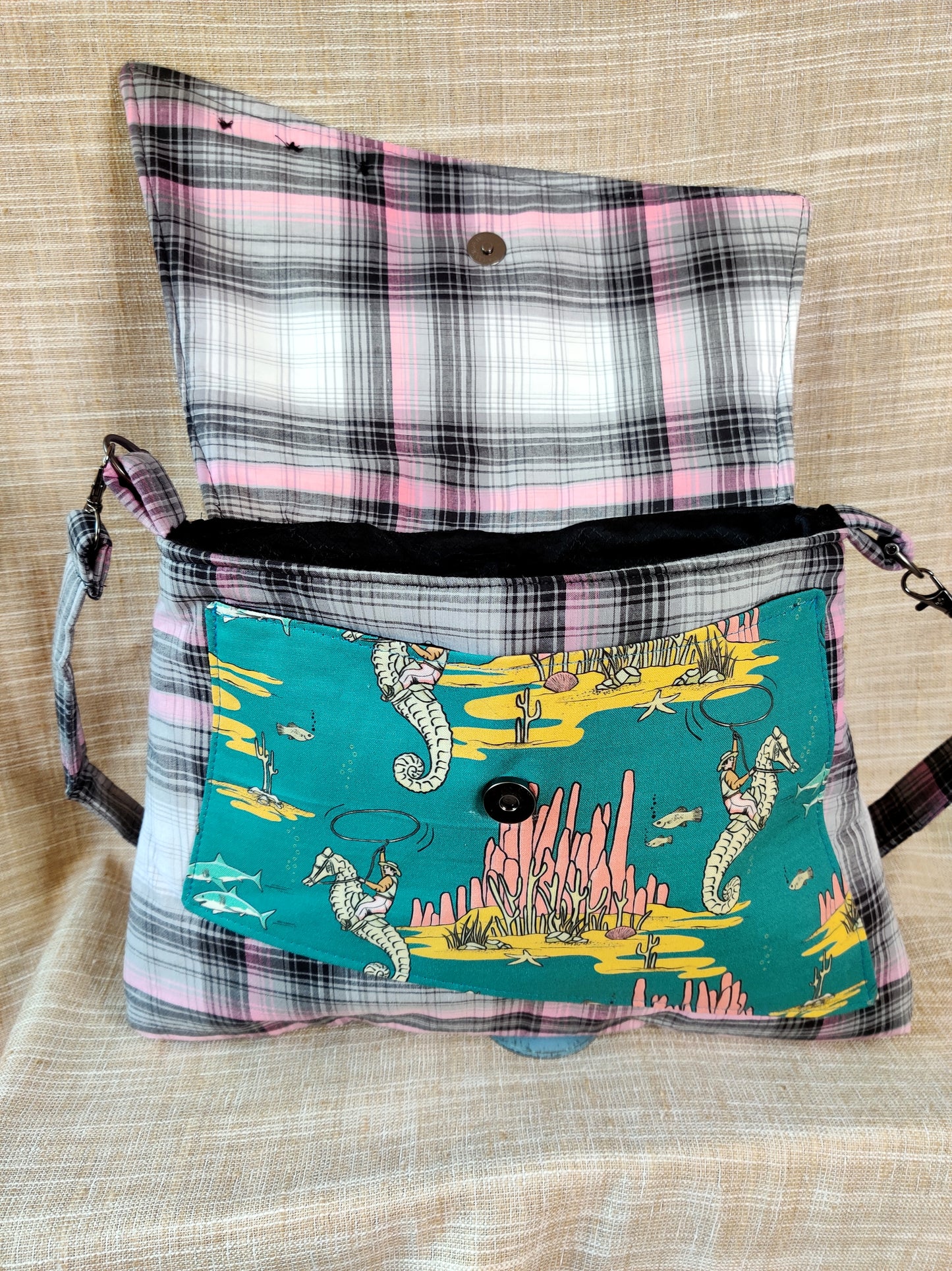 Handmade Western Handbag (9" x 14"), featuring Roping Sharks and Riding Seahorses print on pink and black plaid