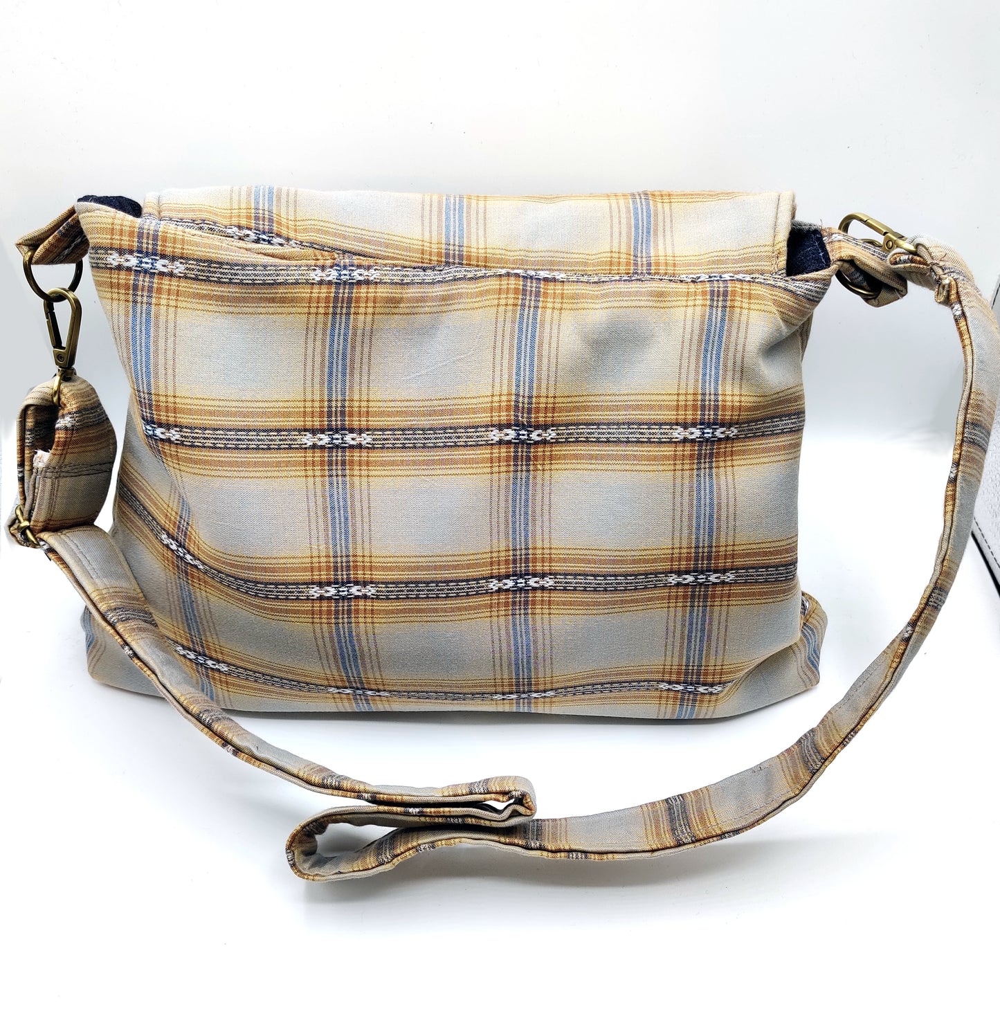 Handmade Western Handbag (9x14"), featuring Saguaro cactus blue jean print on ponderosa plaid