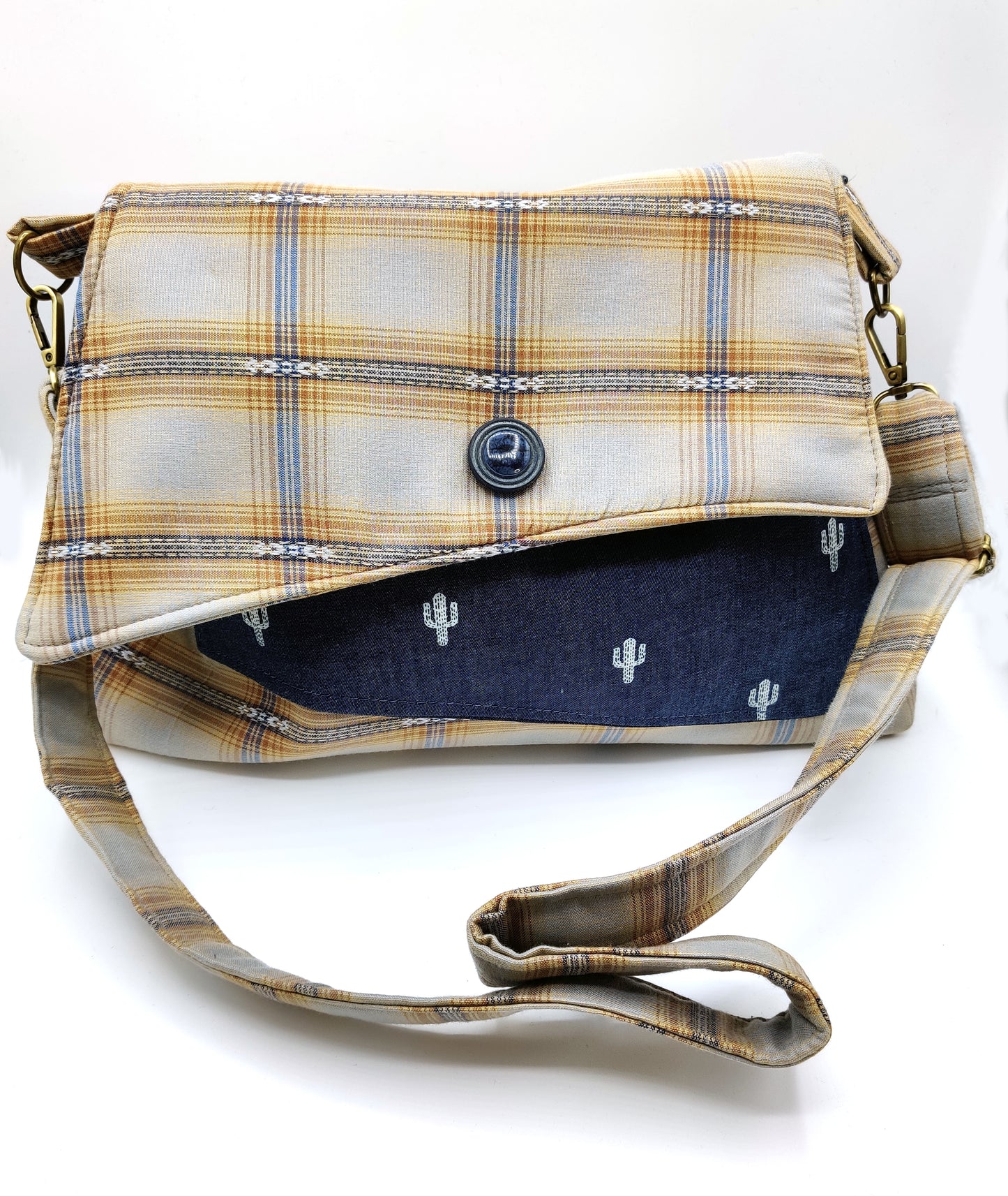 Handmade Western Handbag (9x14"), featuring Saguaro cactus blue jean print on ponderosa plaid