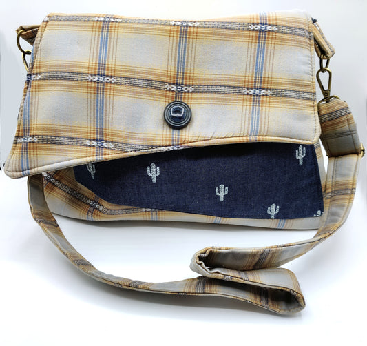 Handmade Western Handbag (9x14"), featuring Saguaro cactus blue jean print on ponderosa plaid