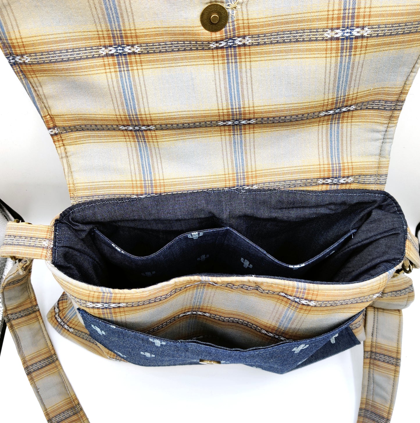 Handmade Western Handbag (9x14"), featuring Saguaro cactus blue jean print on ponderosa plaid