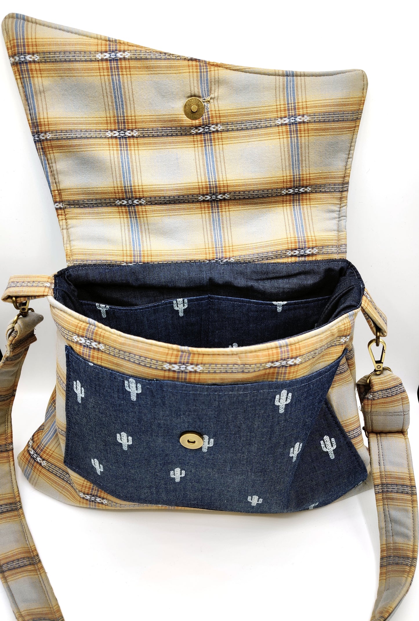 Handmade Western Handbag (9x14"), featuring Saguaro cactus blue jean print on ponderosa plaid