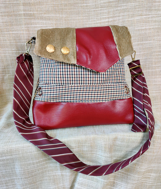 Handmade Messenger Bag (9" x 12"), red hounds tooth and camel corduroy with vintage tie strap