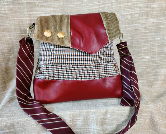 Handmade Messenger Bag (9" x 12"), red hounds tooth and camel corduroy with vintage tie strap