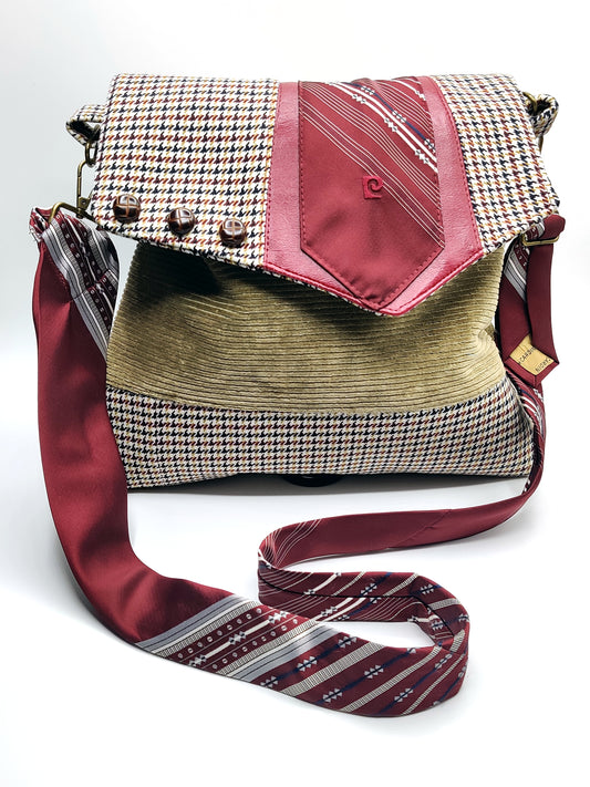 Handmade Messenger Bag (9" x 12"), red hounds tooth and camel corduroy with vintage Pierre Cardin tie strap