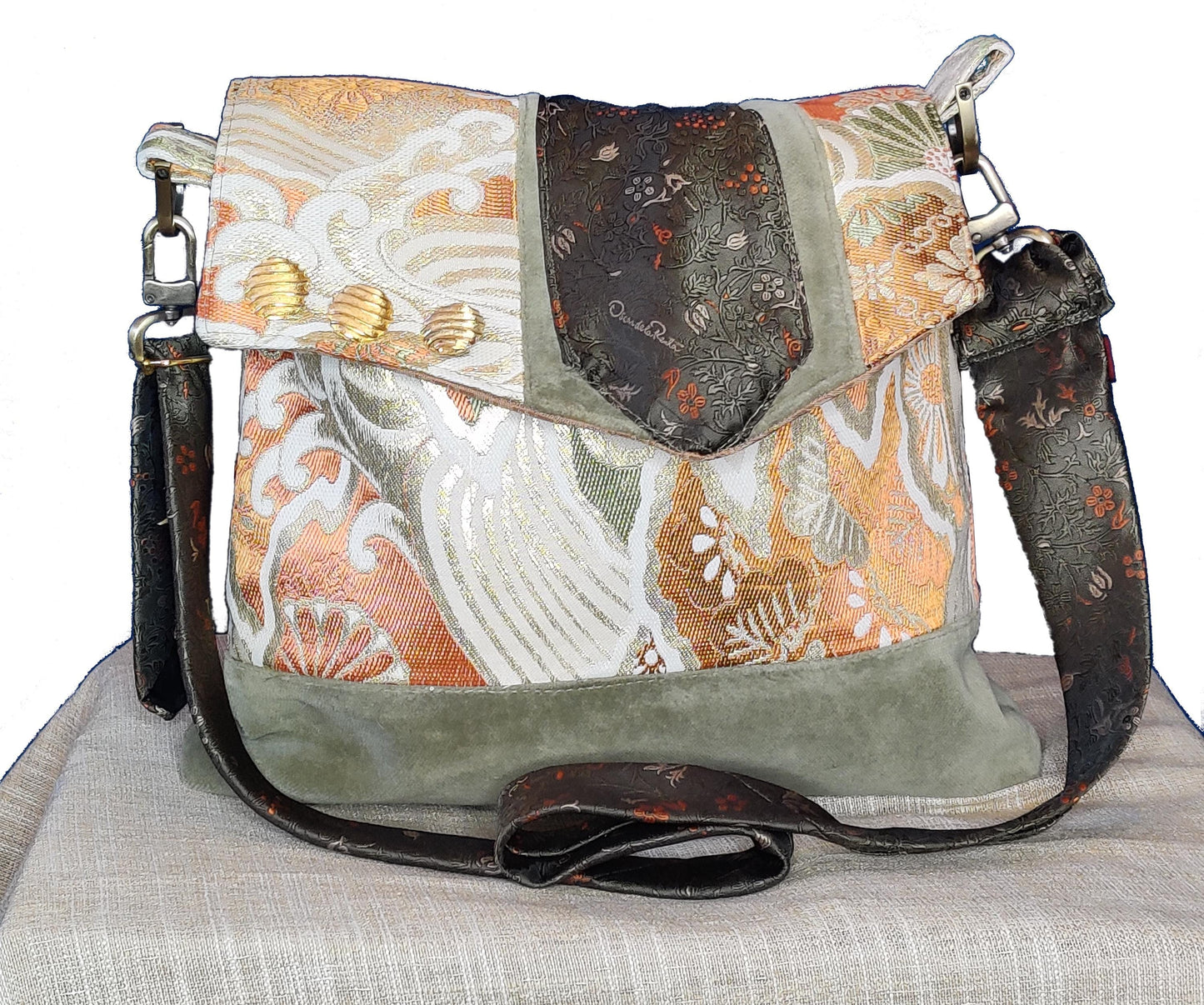 Handmade Messenger Bag (9" x 12"), featuring Japanese obi fabric, vintage Oscar de la Renta Tie strap