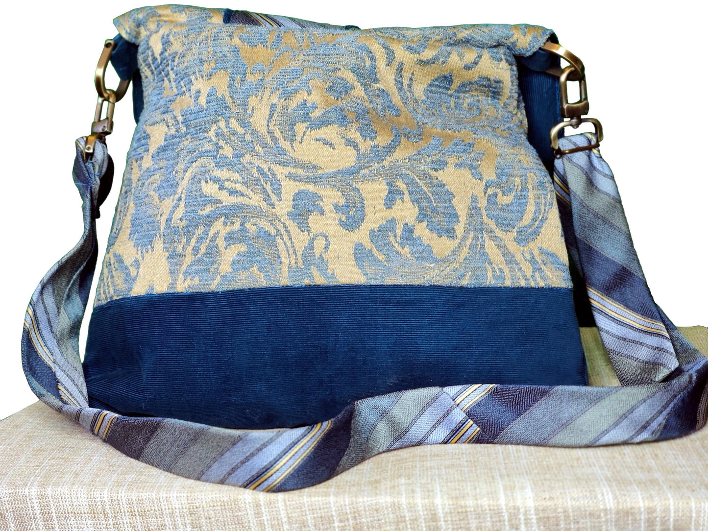 Handmade Messenger Bag (9" x 12"), featuring blue floral design with vintage tie strap