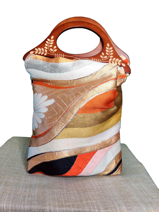 Handmade Wooden Handle Tote Bag (12" x 9"), Japanese obi fabric