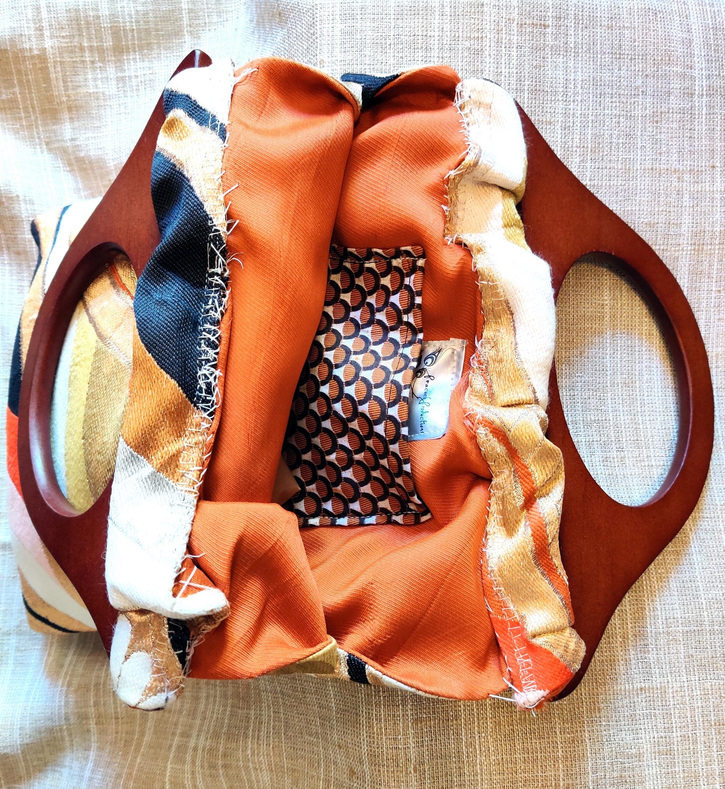 Handmade Wooden Handle Tote Bag (12" x 9"), Japanese obi fabric