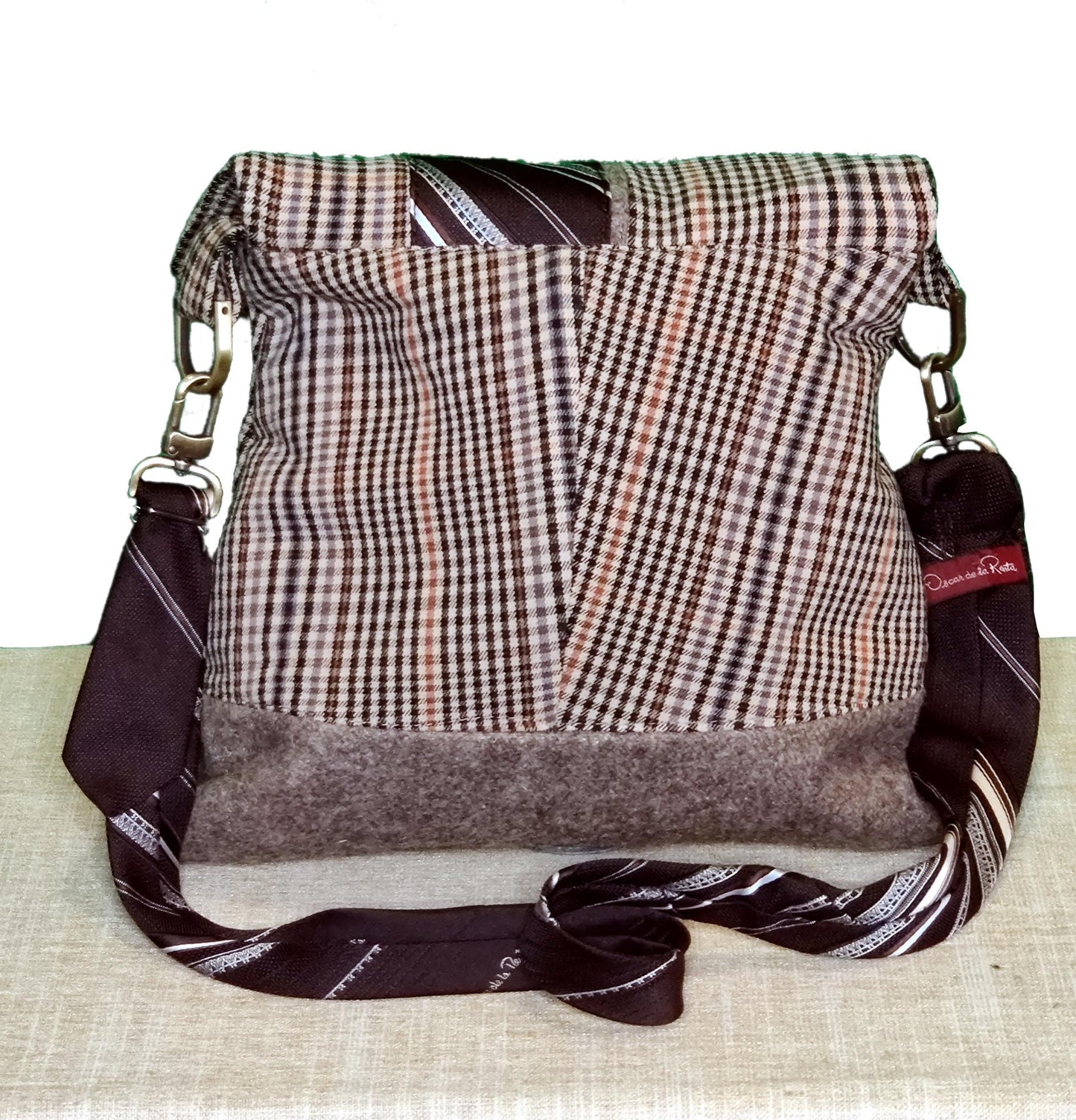 Handmade Messenger Bag (9" x 12"), brown plaid, vintage Oscar de la Renta tie strap
