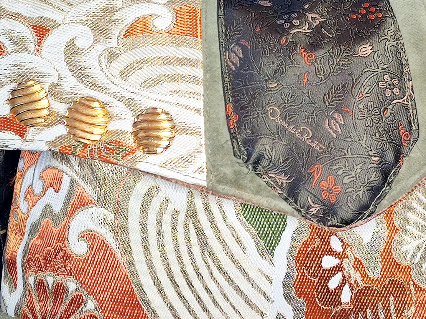 Handmade Messenger Bag (9" x 12"), featuring Japanese obi fabric, vintage Oscar de la Renta Tie strap